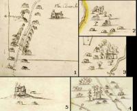 Clockwise from top: Enlarged images from County Meath maps drawn c. 1659 show a range of building types: (1) Ratoath village (note the inn denoted by the flag); (2–4) small clusters of buildings, with and without chimneys, at Littlelagore and Flemingstown near Ratoath, and Piercetown near Dunboyne; (5) a fortified castle near Rathmolyon, at the edge of the old Pale. (British Library)