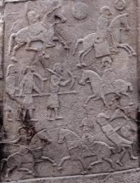 This Pictish carved stone at Aberlemno Church, five miles from the battle site, is a near-contemporary depiction. Ecgfrith is shown in the lower right-hand corner, being attacked by ravens. (Barbara Ballard and Martin McCarthy)