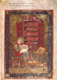 Aldfrith—an illustration added to the Codex Amiatinus, produced in Northumbria during the reign of Aldfrith. The image is of the Old Testament prophet Ezra, but it is also seen as a representation of Aldfrith studying in his library. (Biblioteca Medicea Laurenziana, Florence)