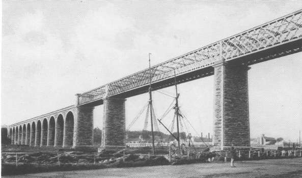 The rail bridge across the Boyne at Drogheda (as it looked before 1932), opened in 1855, completed the rail link between Dublin and Belfast.