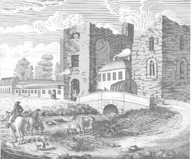 Forerunner of the M4, as depicted on Alexander Taylor's map of County Kildare in 1783. Traffic on the road west from Dublin passed through the ruined Maynooth Castle. Note the sign for a small tavern beside the castle gate. 