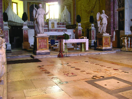 Pl. 3: View over the grave-slabs of Hugh, baron of Dungannon, and Rory O'Donnell, earl of Tyrconnell, showing the Azzurri family vault hatch (bottom right) and commemorative slab to Hugh O'Neill laid by Cardinal Tomás í“ Fiaich in 1989 (bottom left).