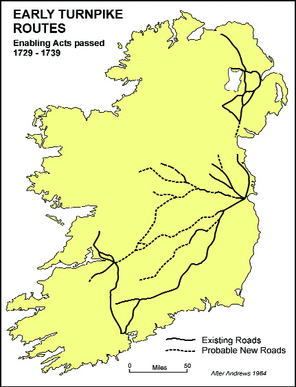 Early turnpike routes and inns advertised in Dublin newspapers, 1730â€“60.
