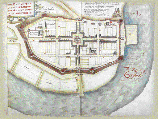 ‘The Platt of the cittie of London Derrie as it stands built and fortyfyed'-one of the main outlets for the economic products of the plantation and the main points of entrance for settlers. (Lambeth Palace Library)