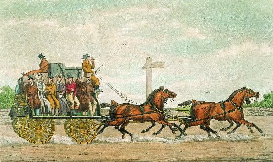 A Bianconi coach (‘Bian'). From 1815 until the 1850s Charles Bianconi revolutionised public transport with his regular scheduled car service. (National Gallery of Ireland)