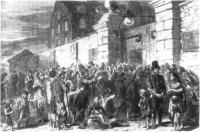 A later artist's impression of people seeking admission to an Irish workhouse during the Famine, from Robert Wilson, The life and times of Queen Victoria(London 1887-88)
