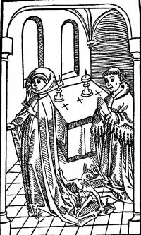 A late fiftennth century woodcut showing a woman leaving the alter with a demon riding the tail of her cloak.