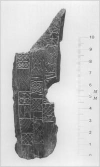 Bone trial-piece (late 10th-early 11th cent.) showing affinities with Manx and Anglo-Saxon art, discovered during recent excavations at Little Ship Street,Dublin. (Courtesy of Linzi Simpson)