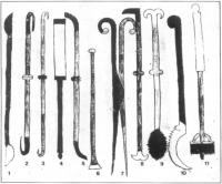 Sixteenth-century surgeons instruments.1 Scalpel 2 Hook 3 Hook 4 Probe 5 Double-ended knife 6 Skull chisel 7 Dilator for stretching 8 Knife 9 Cranial saw 10 Cranial saw 11 Trephine for boring into the brain