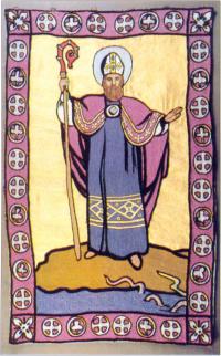 St Patrick,portrayed in the act of banishing snakes from Ireland - banner by Jack B. Yeats in Clonfert Cathedral,County Galway.