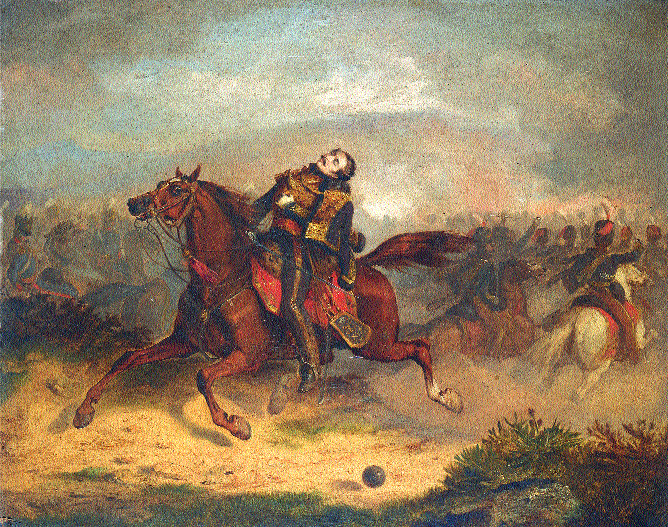 The death of Captain Nolan by Thomas Jones Barker depicts the start of the charge of the Light Brigade at Balaklava. Nolan, whose family was from County Carlow, carried the order to Lord Cardigan, who famously misread it. As the charge began, Nolan, perhaps realising the mistake, galloped across the front of the brigade, waving his sword and shouting, but to no avail since he became the brigade's first casualty. His horse carried him back through the ranks. (National Gallery of Ireland)