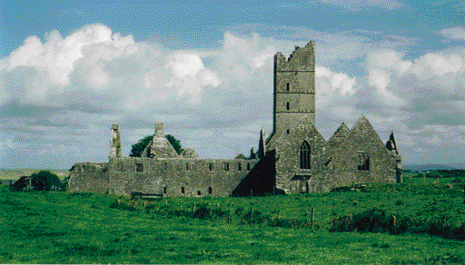 Moyne friary, north Mayo, near Killala, as seen from the west. The west doorway was the main public access to the friary. The domestic ranges can be seen to the north (left) of this entrance.