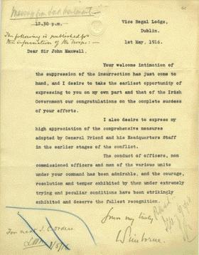 Private letter of congratulations from Viceroy Wimborne to General Maxwell, 1 May 1916. (UCD Archives)