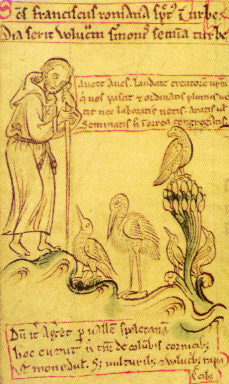 One of the earliest representations of St Francis preaching to the birds from the thirteenth-century Chronicle majora of Matthew Paris. (Corpus Christi College, Cambridge)