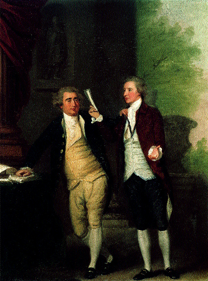 Edmund Burke in conversation with his friend, Charles James Fox by Thomas Hickey. By the mid-1790s Burke and 40 other MPs had split from Fox and the radical Whigs to form an independent parliamentary grouping. (National Gallery of Ireland)