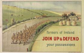 Recruiting posters went to considerable lengths not to mention the British Army, stressing instead themes such as the threat to civilisation and/or homesteads, as here. (NLI)