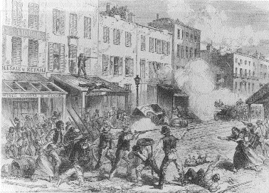 Rioters and militia fighting at a barricade on First Avenue, Illustrated London News, 15 August 1863. (New York Historical Society)