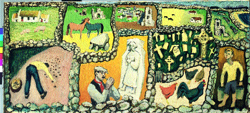 Gerard Dillon's Little green fields (1945) is a superb example of his ability to weave the pattern of life both past and present into the landscape of Connemara. Dillon is one of many artists from Northern Ireland who fell in love with the west. He was interested in the people and the pattern of western life, such as religious processions, weddings and tinkers fighting, just as he was fascinated by the rugged landscape. (National Gallery of Ireland and the artist's estate)