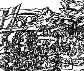 An illustration of a battle between English and Irish from Derricke’s Image of Irelande of 1581 clearly shows a force on the Irish side armed with long-shafted axes, one of which is being wielded double-handed.