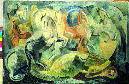 At the time Mainie Jellett painted Achill horses (1941) she was commissioned by the Irish government to create designs for the Irish Pavilion at the World Fair in New York. Largely associated with Evie Hone in bringing Modernism to Ireland in the early 1920s, Jellett sought inspiration in the west and produced some wonderful works interpreting animals and other images using her early colourful Cubist style. (National Gallery of Ireland and the artist's estate)