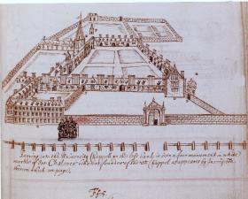 Thomas Dinely’s 1680 view of Trinity College, which ‘hath 3 quadrangles, the 1st being the best like Trinity College in Cambridge, but not so large’. (National Library of Ireland)