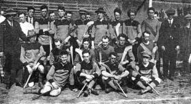 Galway’s 1923 All-Ireland hurling championship winning team, trained by Tom Kenny (right, in suit and cap, and inset). (Connacht Tribune)
