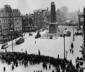 Nelson—started it by standing imperiously over the Irish for so many years on his Sackville (later O’Connell) Street pillar before being so memorably cut down to size a little after half past one on the morning of 8 March 1966. The following day, the Irish Army (pictured here) had the more difficult task of removing the stump. (Keystone/Getty Images)