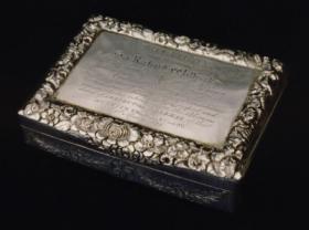 ‘This [silver snuff] box was presented to Sir Richard Willcocks by William Smith, Thomas Doolan, Joseph A. Dames, Benjamin Jackson and William Doolan esq., Chief Constables in the County of Limerick Constabulary, as a small token of their respect and esteem on his retiring from the laborious duties of Inspector General of the Munster Constabulary, 1st March 1828.’ (PSNI Museum)