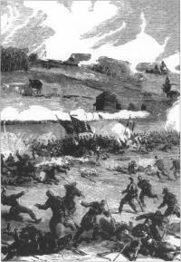 The doomed assault by Union forces on Marye's Heights,Federicksburg,December 1862. The Irish Brigade suffered forty per cent casualties. Irish nationalist opinion was outraged. Detail of a drawing by Henry Lowe. 