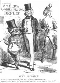 An 1846 Punch cartoon. British flirtation with the Confederacy, and risk of a North Atlantic war, did not produce the expected nationalist pro-Union response, except briefly after the 1861 Trent incident.