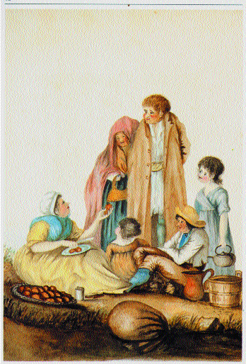 Irish beggers c.1840-note the basket of potatoes. (National Library of Ireland)