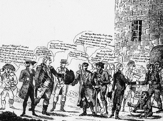 A contemporary anti-Union cartoon. The town crier to the left shouts: ‘Hearye! Hearye! Wanted immediately, a few Hundred persons of any Description to sign for a Union. 2s. 2p. a head for those who can write. 1s. 1p. for those who can Scratch their mark-God save the King & his Majesty's subjects of west Britain that is to be-!!!'. The figure fifth from the right says: ‘I, my Lord Marquiss Chief Steward [Castlereagh], am anxious to collect the sense of such respectable persons!'. (Linen Hall Library, Belfast)