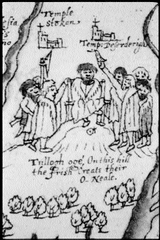 The performance of the rite of the single shoe during the inauguration of the O'Neill at Tulach í“g, from an early seventeenth-century map of Ulster. The O'Neill is shown seated in the stone inauguration chair which is elevated on a small mound. (Dartmouth Collection, National Maritime Museum, Greenwich)