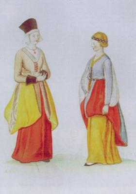 Lucas de Heere’s watercolour of townswomen (‘Femme et fille Irlandaises’) c. 1547. (Central Bibliotheek, Rijksuniversiteit, Ghent)