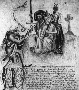 This illustration from Bower's Scotichronicon shows a senchaid (Gaelic scholar) reciting the Gaelic ancestry of King Alexander III at his inauguration in 1241. (Corpus Christi College, Cambridge)