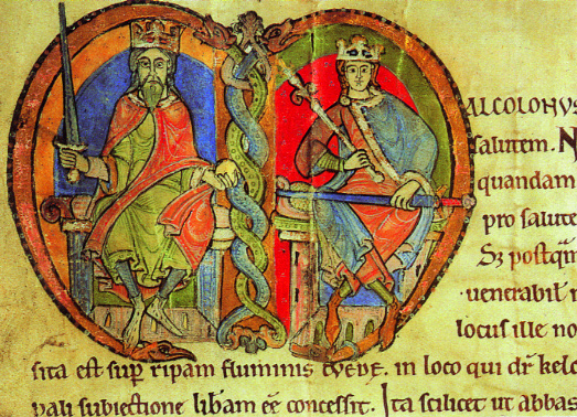 David I (1124-53) and his grandson Malcolm IV (1153-65), from the illuminated Charter of Kelso Abbey (1159). During the latter's reign the first references were made in written charters to the ‘Kingdom of Scotland'. (National Library of Scotland)