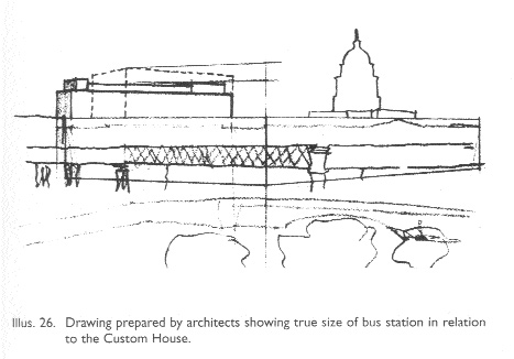The photomontage of what the Irish Times claimed the new bus station would look like and architect Michael Scott's sketch suggesting misrepresentation. The solid lines of the actual plans are contrasted with the dotted lines of the higher Irish Times version. In April 1947 Scott got an apology and costs.rnment preferred Smithfield.