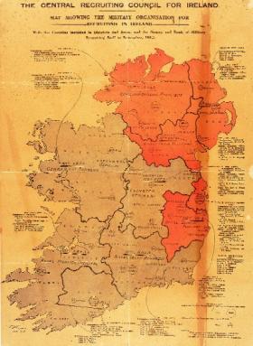 Map showing the areas in which the British Army’s Irish regiments recruited in the early stages of World War I. (National Museum of Ireland)