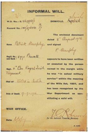 The informal will of Pte Patrick Murphy, Royal Irish Regiment. (National Museum of Ireland)