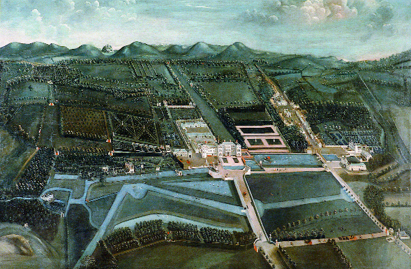 Painting of Stradbally c. 1740. By the early eighteenth century the Cosbys had developed an impressive demesne and a model estate village, with superior-quality two-storey houses, an arcaded market house, a market square and waterways. (Private collection)