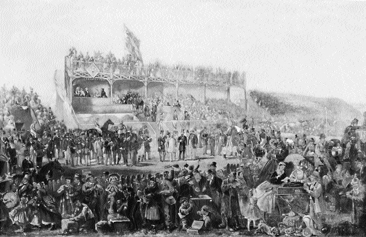 1868-the Prince of Wales, in a white coat, surrounded by other gentlemen, before the stand, with the animation of the people on the ‘Outside' in the foreground.