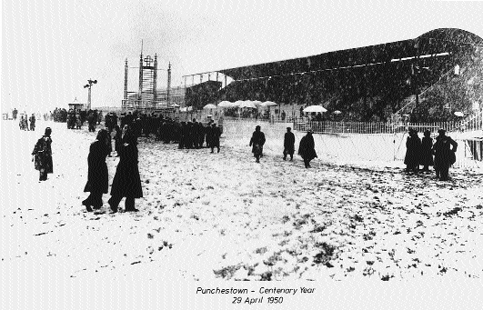 Punchestown in the snow, 29 April 1950, when racing had to be postponed for a day.