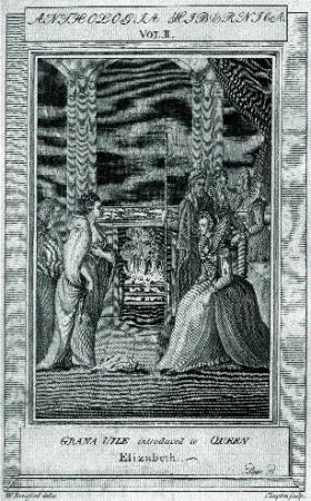 Grace O’Malley (left) is presented at court to Queen Elizabeth I (right) in 1593. (Anthologia Hibernica, vol. II)
