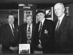 Nat Gould VC, Paul Magennis, George Fleming and Rod Eley (History Ireland) at the book launch, Submarine Museum, Gosport, England. (Royal Navy Submarine Museum)