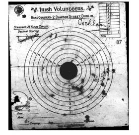 Irish Volunteers’ target-practice sheet found in 1918 in the Larkfield estate home of Grace Plunkett (née Gifford), wife of the executed Joseph Mary Plunkett. (National Archives, Kew)