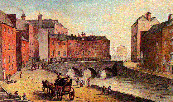James Henry Brocas's Old Baal's Bridge, Limerick, c. 1810. The medieval bridge linking Irishtown and Englishtown across the Abbey River was demolished and rebuilt in 1831. (National Gallery of Ireland)