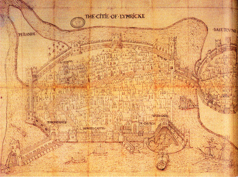 ‘The citie of Lymericke', 1587, with the main Englishtown on King's Island (centre) divided by the Abbey River from the Irishtown (right).