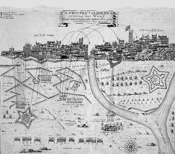 ‘A Prospect of Limerick bearing due West' (1690). Williamite cannon and mortar fire from Garryowen in the foreground concentrated on the city wall from St John's Hospital to Baal's Bridge (centre). (Jim Kemmy Municipal Museum, Limerick)