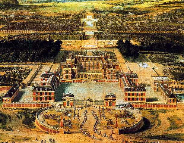 Vue du chí¢teau de Versailles en 1668 by Pierre Patel. The king's petites maí®tresses were accommodated in inconspicuous houses nearby. (Réunion des Musées Nationaux)