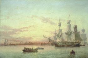 An emigrant ship, Dublin Bay, sunset (1853) by Edwin Hayes. ‘An increasingly affluent Irish-American community wish to see their immigrant ancestors portrayed in more respectable ways and are thus an eager audience for those who presented those immigrants as eager, upwardly mobile entrepreneurs, rather than as desperately poor, bewildered Irish-speaking peasants thrown onto the docks of New York’. (National Gallery of Ireland)
